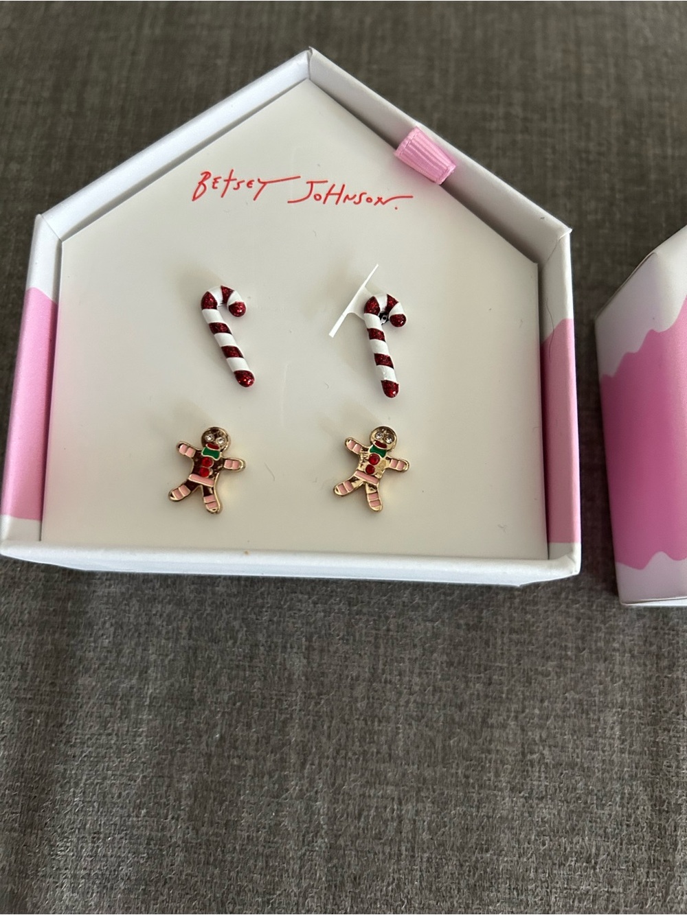 NEW box Betsey Johnson Christmas earrings 2 pairs Candy Canes& Gingerbread men